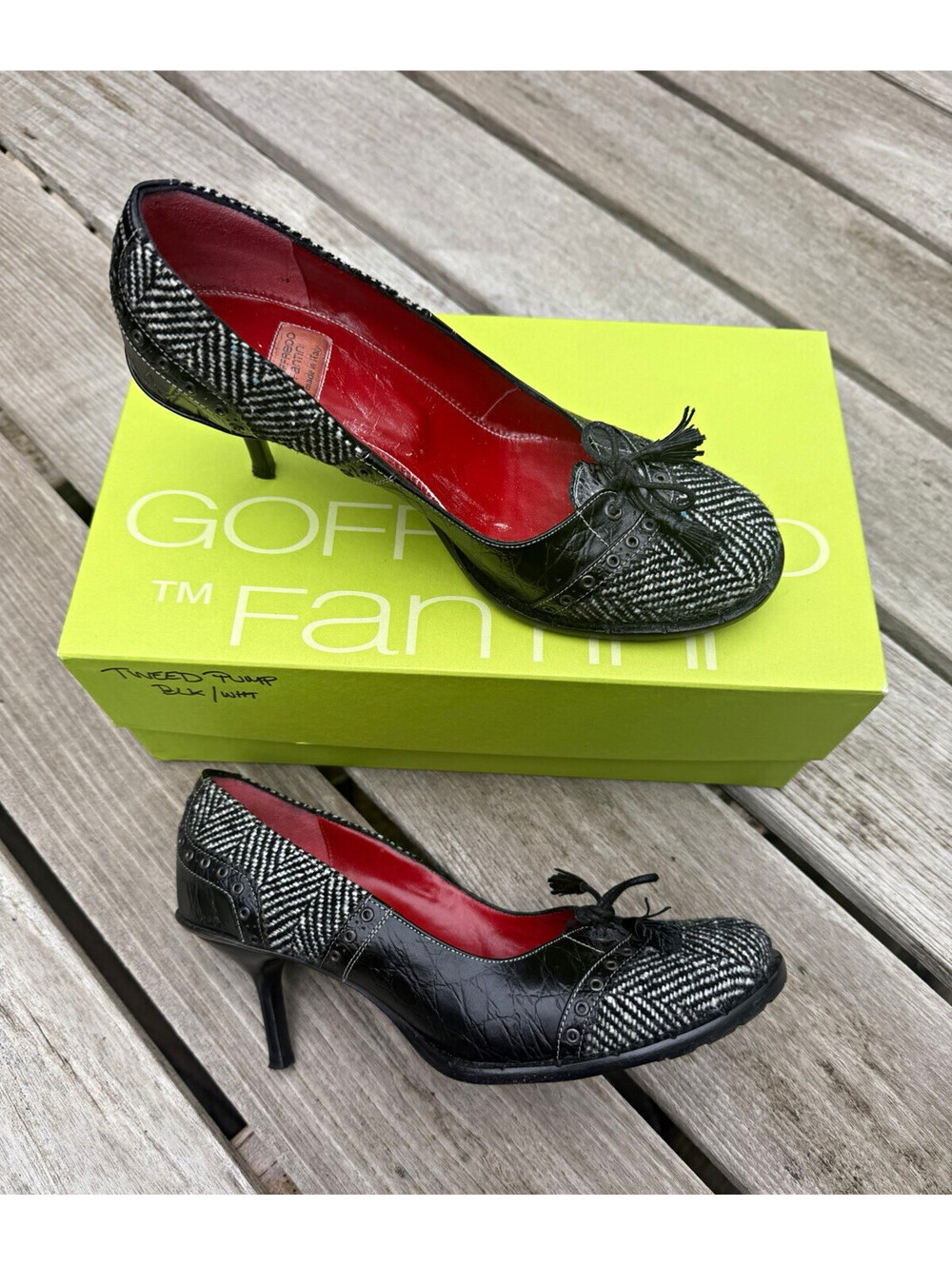 Goffredo Fantini Tweed Herringbone Tassel Lace-Up 2.5in Heel Pumps US 7.5